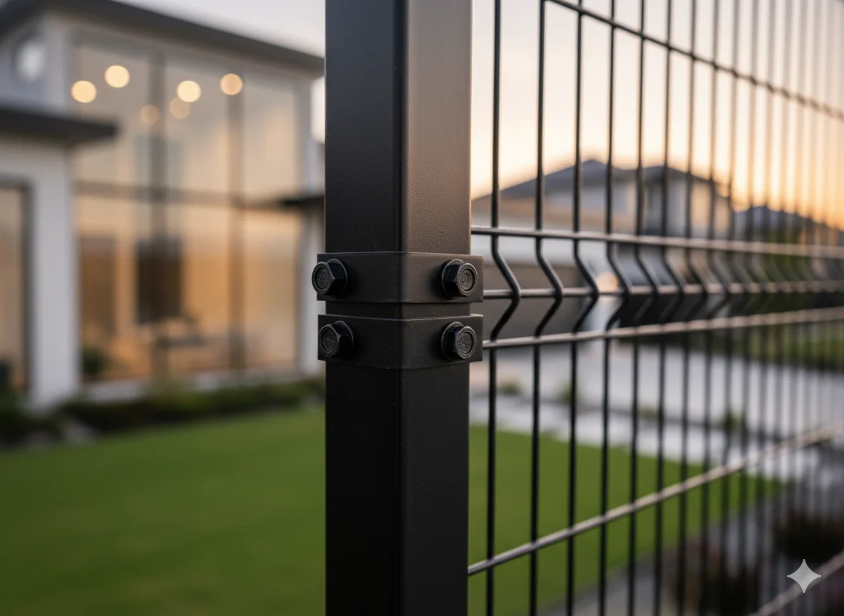 Close-up showing secure mesh connection to fence post with professional fixings
